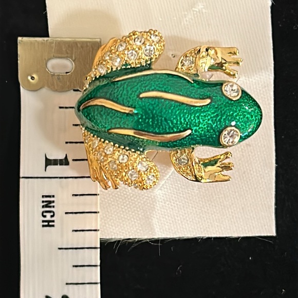 Roman Green Enamel Rhinestone Frog Brooch Pin, Signed - Picture 13 of 13